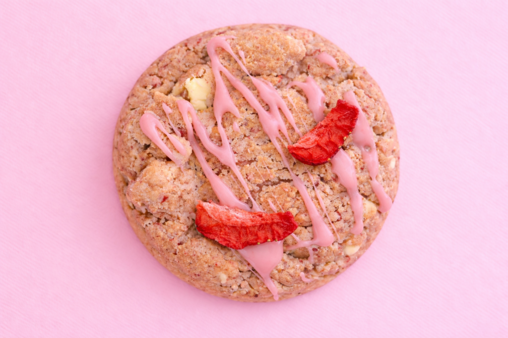 Strawberries & Cream - buttery sugar cookie base with freeze dry strawberries and a light cream drizzle.
